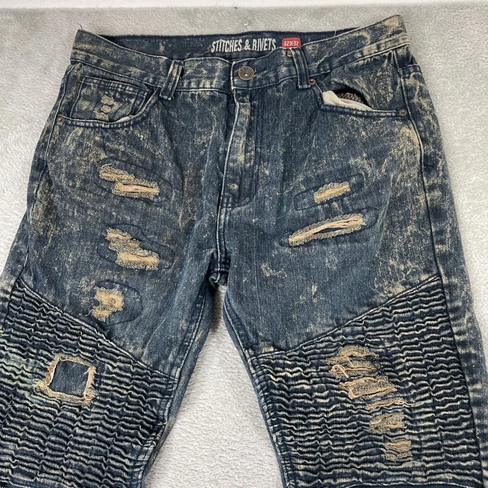 Stitches & Rivets Moto Biker Jeans Mens 32x32 Blue Acid Wash Distressed Slim Fit